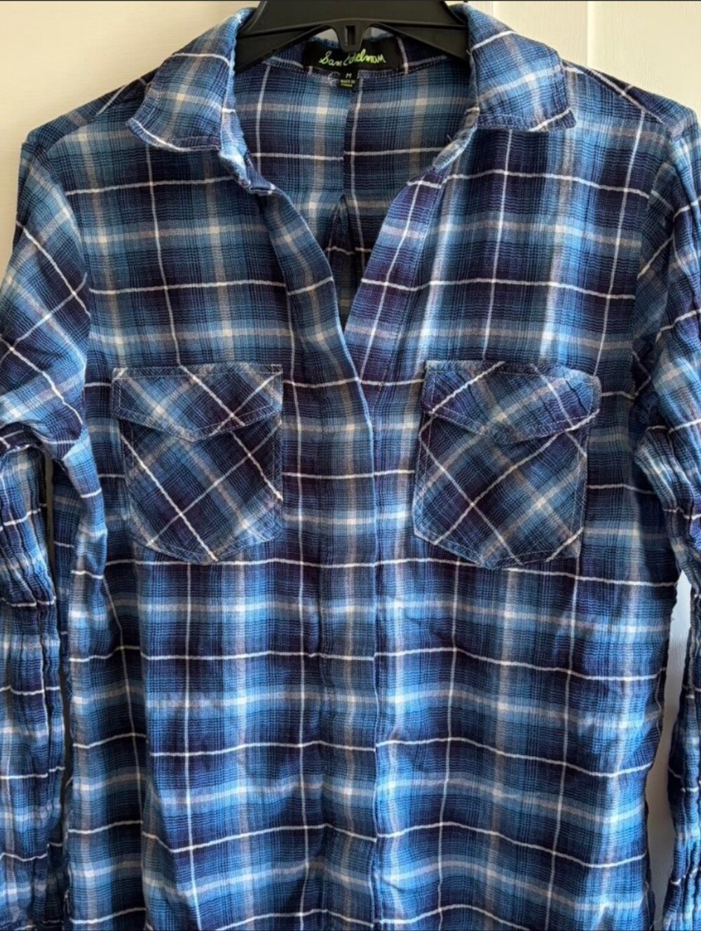 Sam Edelman LIGHTWEIGHT PLAID SPLIT BACK BUTTON DOWN SHIRT/ Blue-White-Navy Sz M